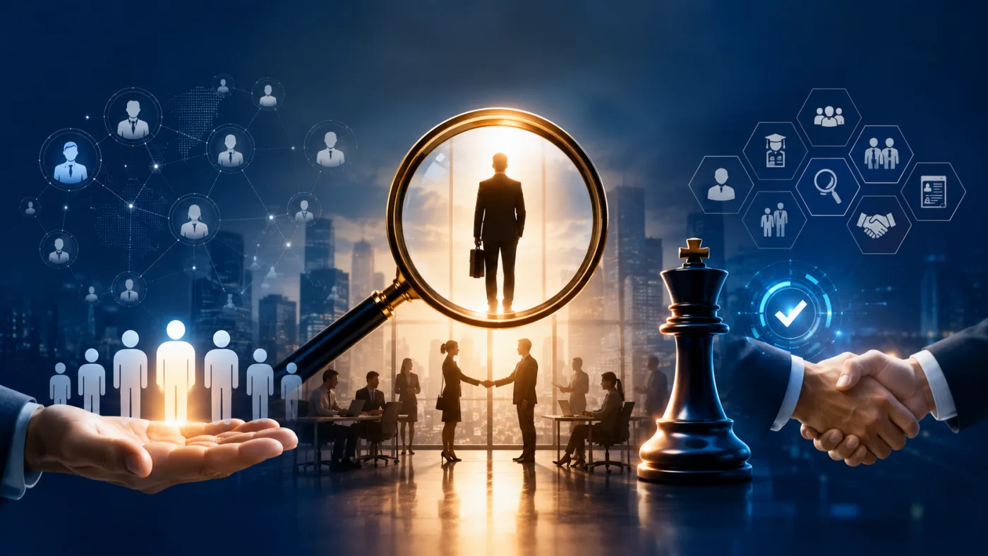 A search for the right candidate, shown as a magnifier over a shortlist